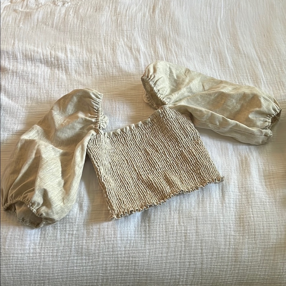 Reformation Linen Cropped Smocked Top